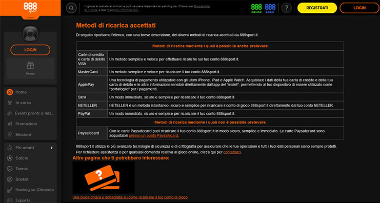 Metodi di pagamento di 888sport