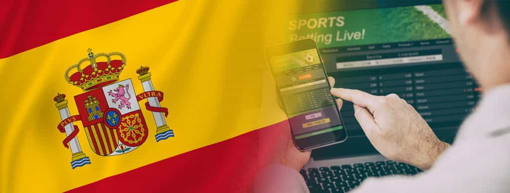 La bandiera della Spagna e un uomo che interagisce su un sito scommesse online via desktop e mobile