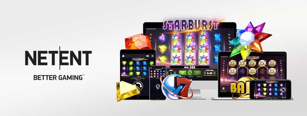 Il logo di NetEnt e un laptop e dei dispositivi mobile connessi alla slot Starburst