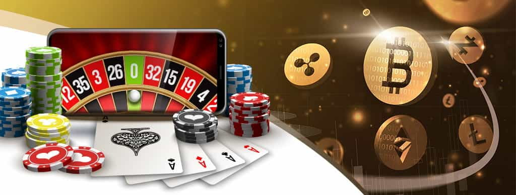 Giochi da casinò online e loghi delle criptovalute.