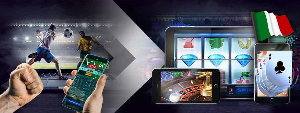 Calciatori in azione, scommesse da mobile, giochi casinò online su smartphone e tablet, bandiera italiana.