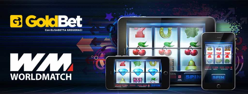 Videoslot su smartphone e tablet, logo GoldBet, logo WorldMatch