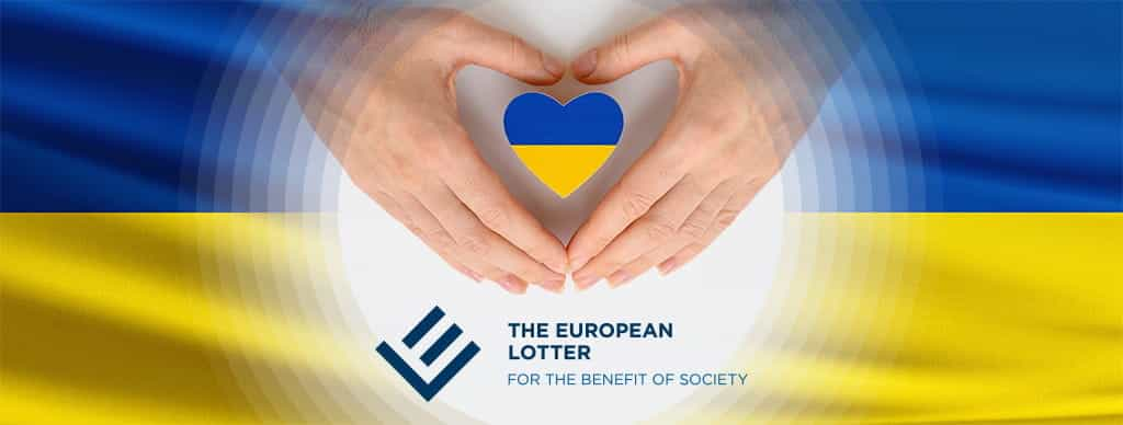 Bandiera dell'Ucraina, mani che formano un cuore, logo European Lotteries