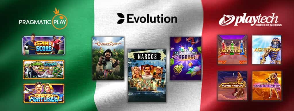 Logo Pragmatic Play, logo Evolution, logo Playtech, diverse slot online, bandiera italiana