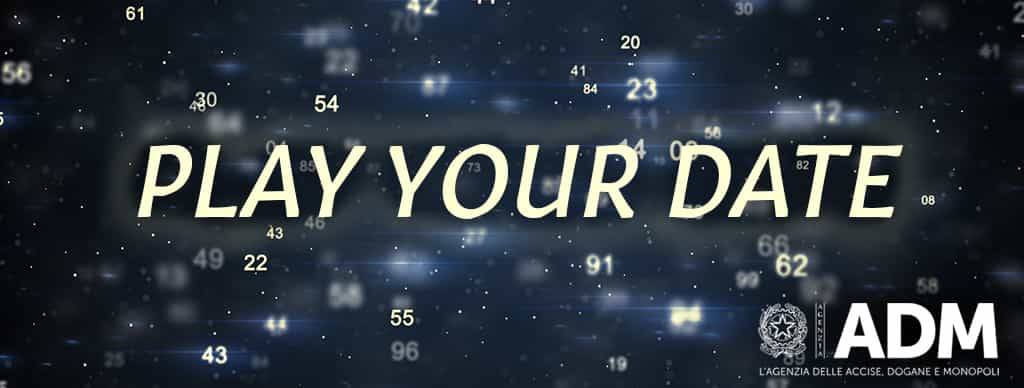 Sfondo con dei numeri, logo ADM e la scritta Play your date