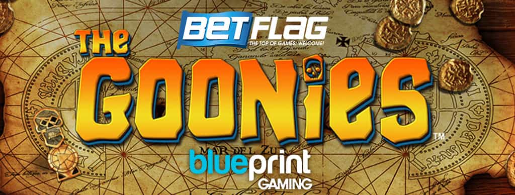 Immagine della slot I Goonies, logo BetFlag, logo Blueprint Gaming