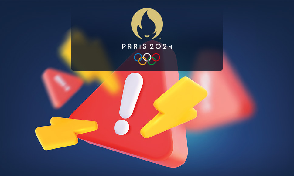 Simbolo attenzione e fulmini insieme a logo Olimpiadi Parigi 2024