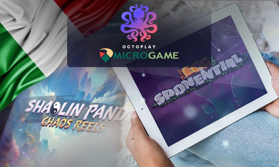 Logo Octoplay e Microgame con immagini slot su tablet