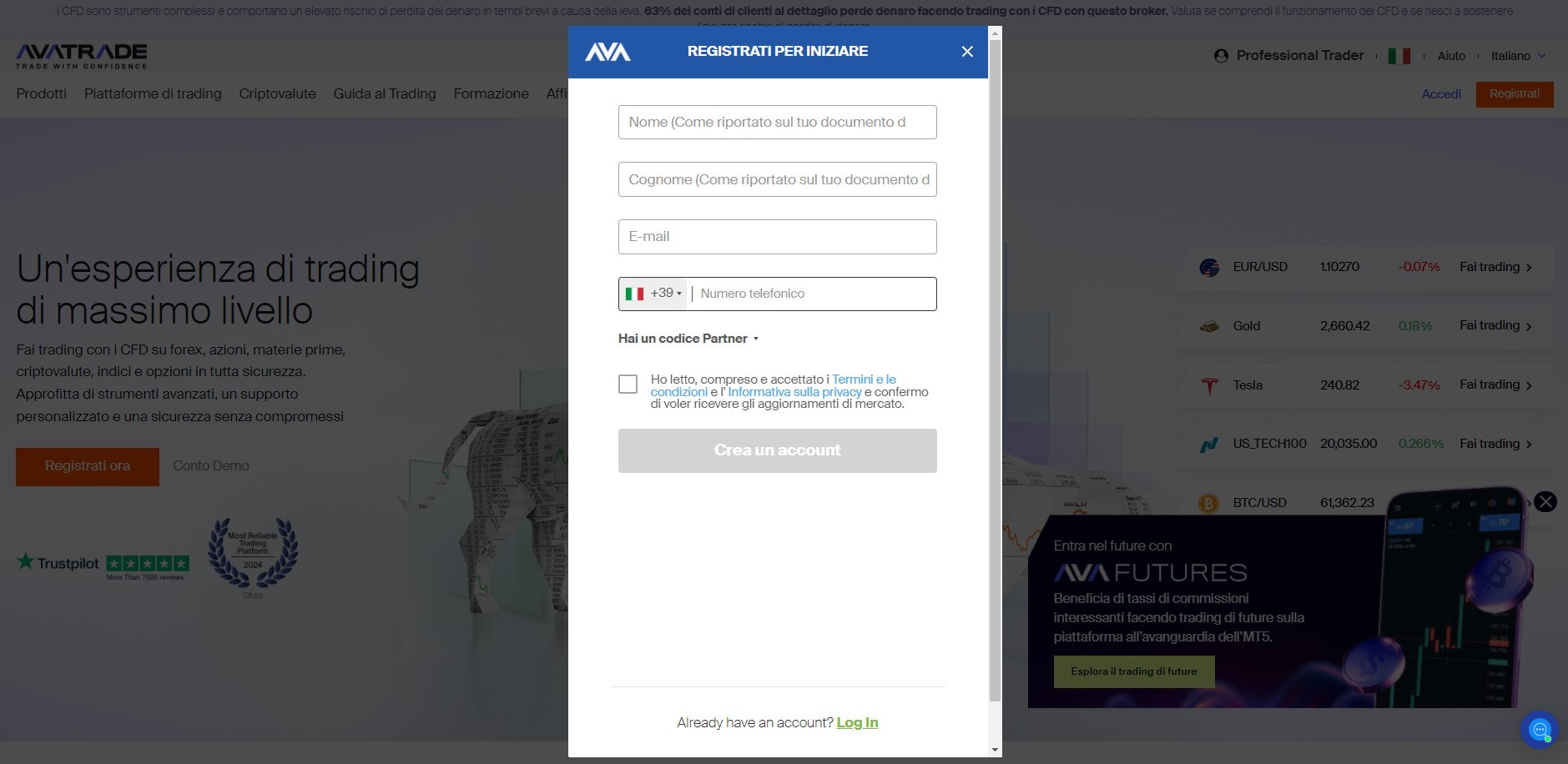 Comprare CFD di Bitcoin su AvaTrade - registrazione 