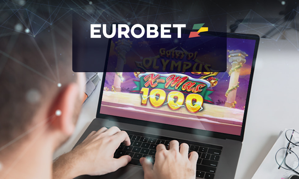 Logo Eurobet e Slot Gates of Olympus X-mas 1000 su pc